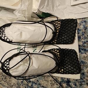 New Bottega Veneta Black Mesh Lace-Up Heels Stretch Sandal sz 38